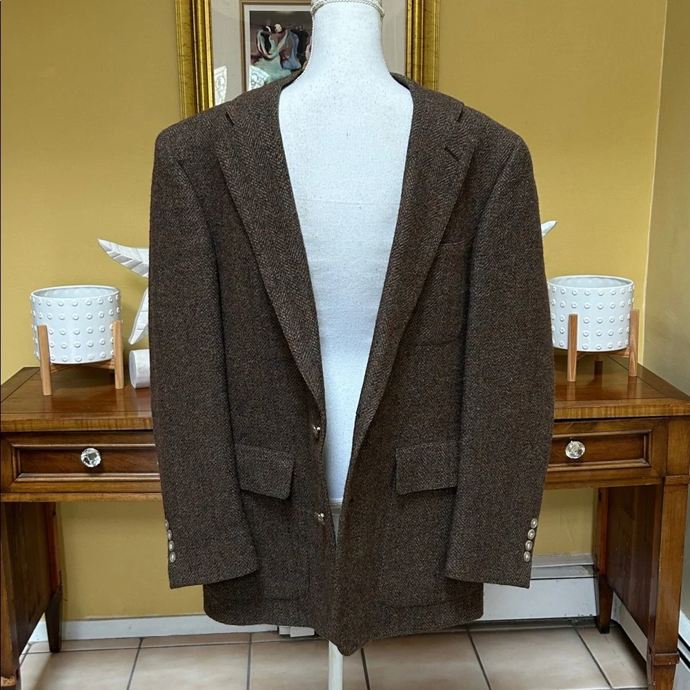 Vtg 100% Pure Scottish Wool Brown Harris Tweed Herringbone Sport Coat by GANT